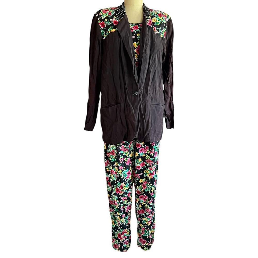 Vintage Jacket Pants Top Outfit Size 12P Black Floral Polka Dot Retro Twee Indie